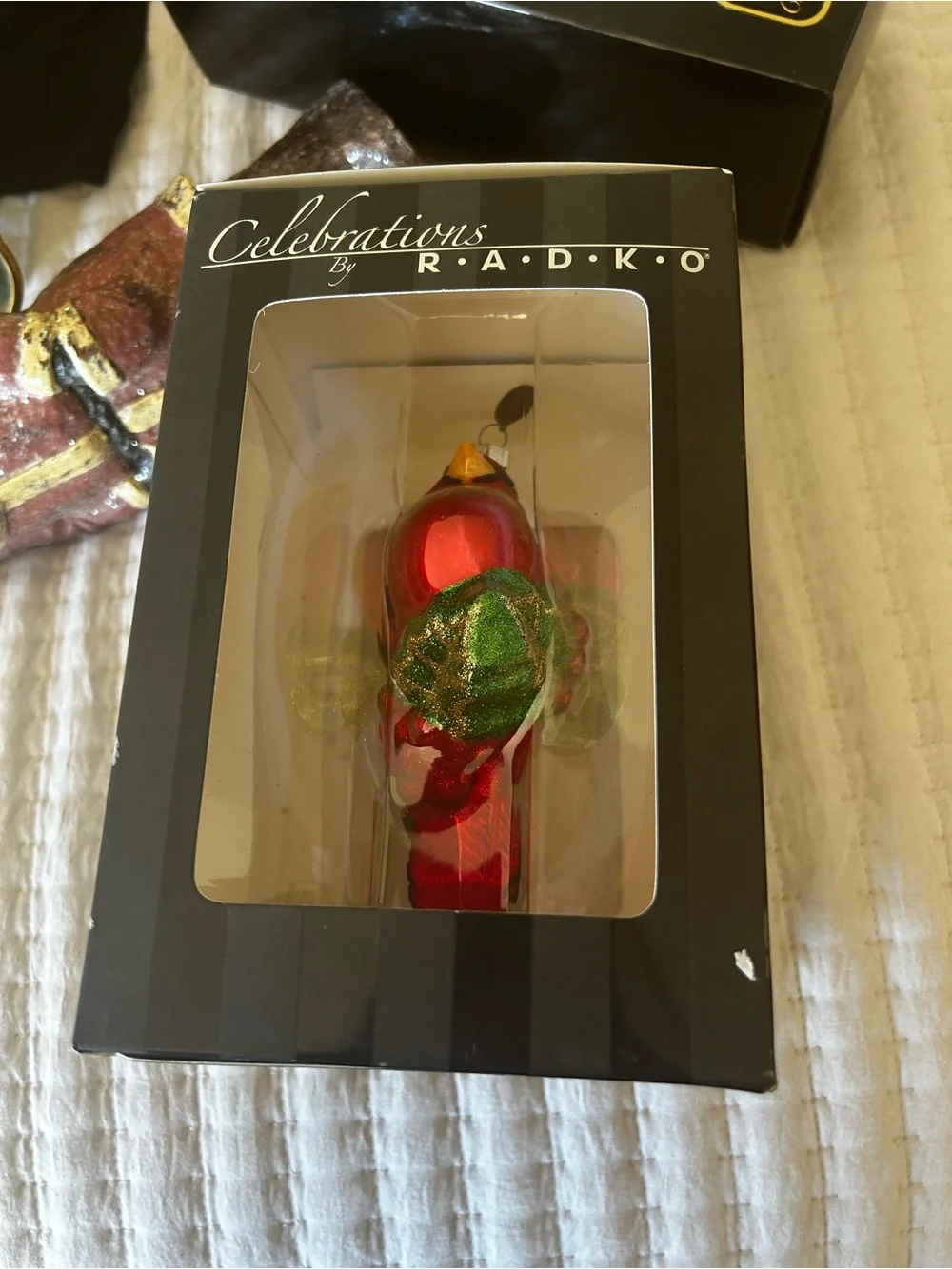 Christopher Radko Red Cardinal Glass Ornament with Green and Gold Accents